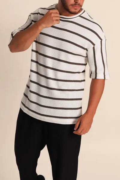 Yeşil Çizgili Oversize Jakarlı Delikli Erkek Triko Tişört 267400