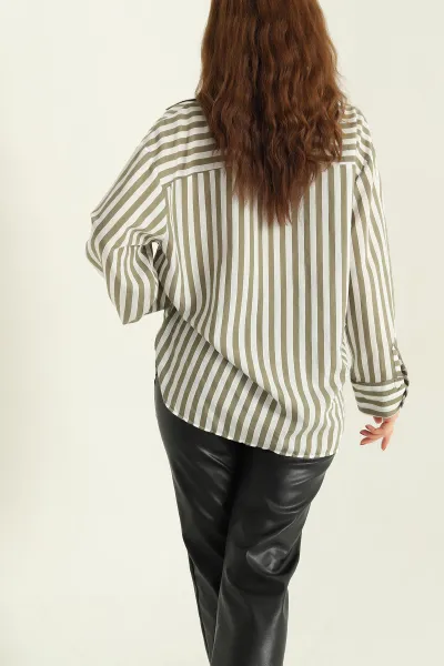 Yeşil Çizgili Oversize Mikro Saten Gömlek 332413