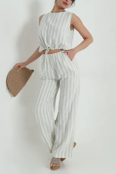 Yeşil Çizgili Pantolon Bluz Kadın Keten İkili Takım 457651