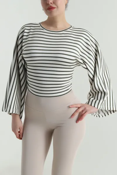 Yeşil Çizgili Yarasa Kol Kadın Bluz 498173