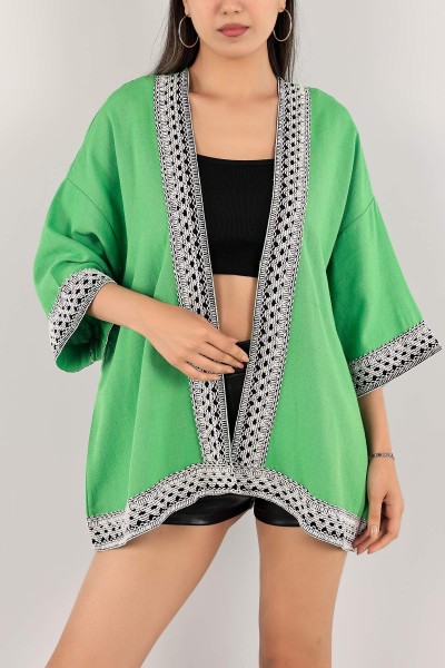 Yeşil Dantel İşlemeli Keten Kimono 119514