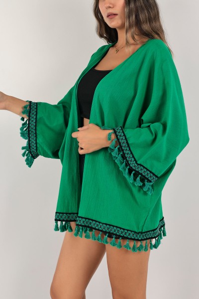 Yeşil Dantelli Keten Kimono Hırka 124768