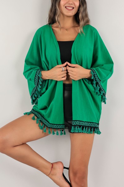 Yeşil Dantelli Keten Kimono Hırka 124768