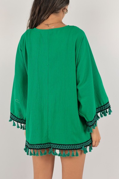 Yeşil Dantelli Keten Kimono Hırka 124768