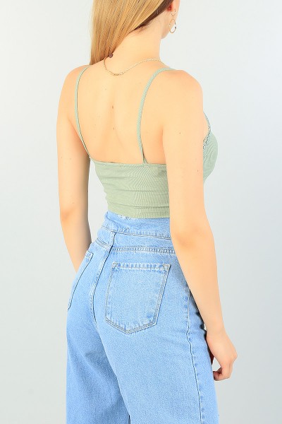 Yeşil Dantelli Tasarım Fitilli Crop Atlet 72815
