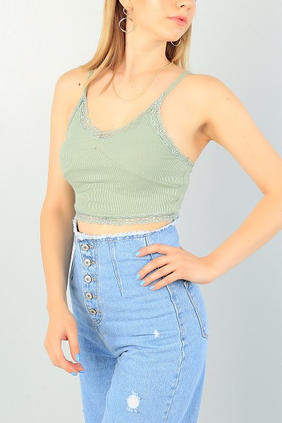Yeşil Dantelli Tasarım Fitilli Crop Atlet 72815