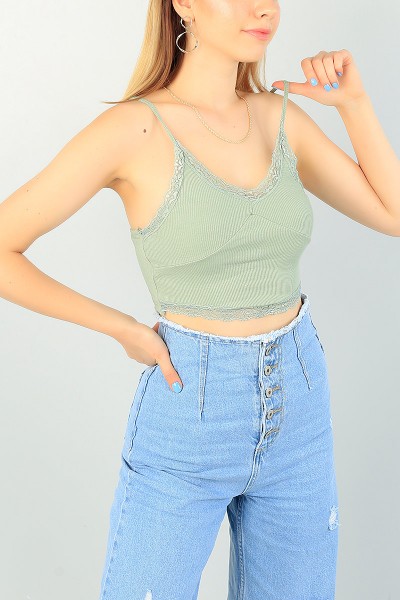 Yeşil Dantelli Tasarım Fitilli Crop Atlet 72815