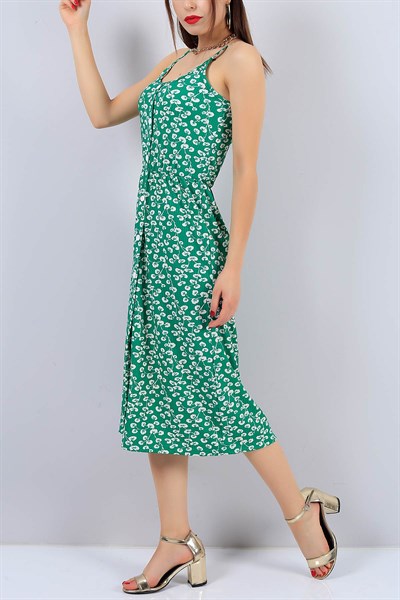 Yeşil Desenli Bayan Likralı Elbise 15153B