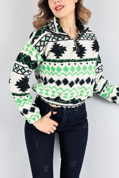 Yeşil Desenli Bayan Polar Sweat 87685