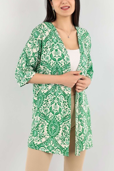 Yeşil Desenli Dokuma Kimono Hırka 113552