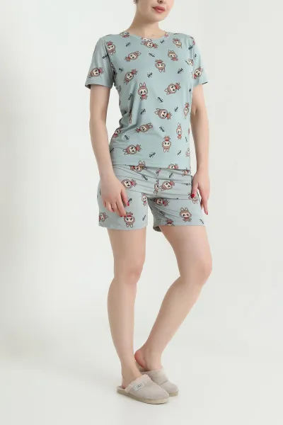 Yeşil Desenli Kadın Şortlu Pijama Takım 466513