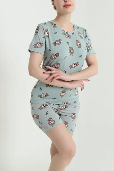 Yeşil Desenli Kadın Şortlu Pijama Takım 466513