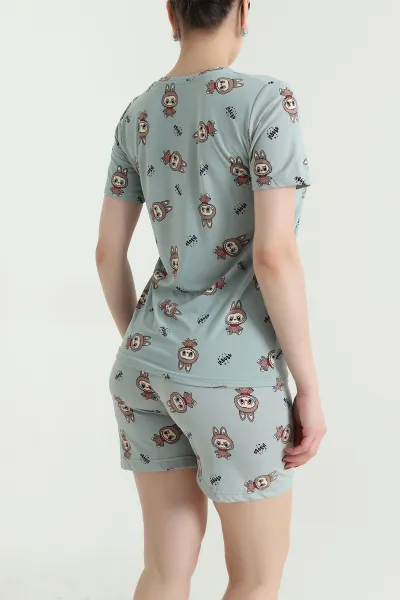 Yeşil Desenli Kadın Şortlu Pijama Takım 466513