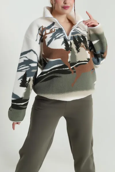 Yeşil Desenli Uzun Kollu Teddy Kadın Sweat 482452