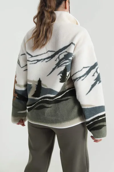 Yeşil Desenli Uzun Kollu Teddy Kadın Sweat 482452