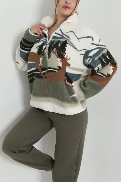 Yeşil Desenli Uzun Kollu Teddy Kadın Sweat 482452