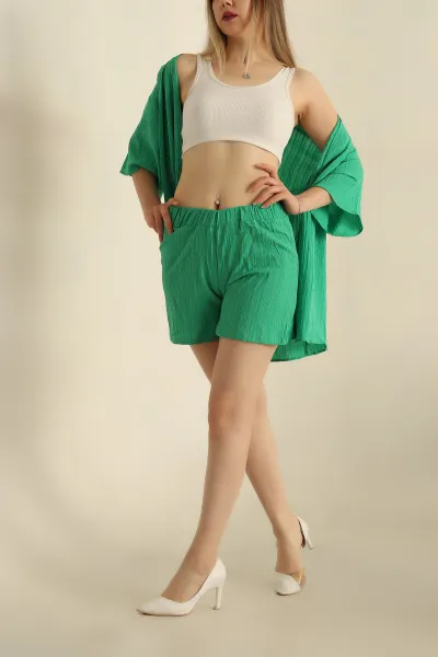 Yeşil Dokuma Şort Kimono İkili Takım 261135
