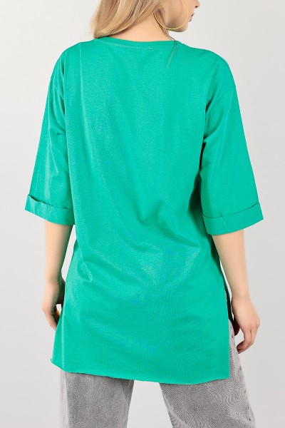 Yeşil Duble Kol Yırtmaçlı Bayan Tişört 100118