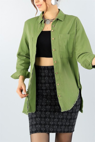 Yeşil Düğme Detay Gabardin Bayan Gömlek Ceket 45154