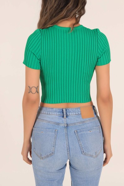 Yeşil Düğmeli Likralı Triko Bluz 172220