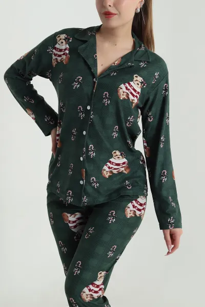 Yeşil Düğmeli Soft Süet Kadın Pijama Takımı 488910