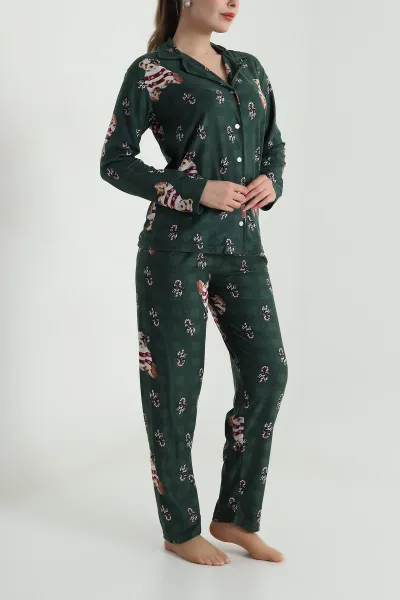 Yeşil Düğmeli Soft Süet Kadın Pijama Takımı 488910
