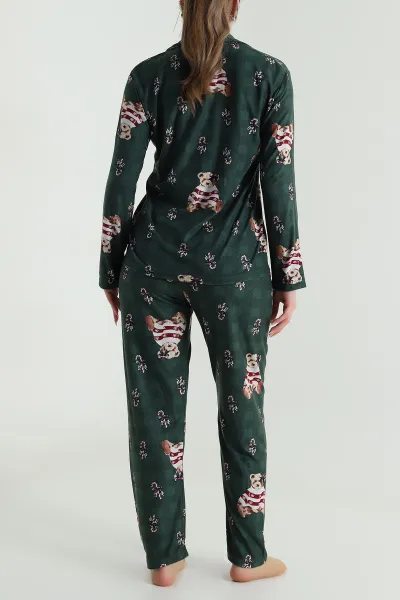 Yeşil Düğmeli Soft Süet Kadın Pijama Takımı 488910