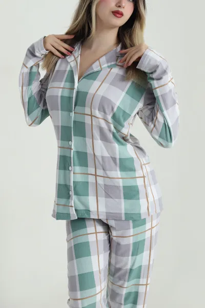 Yeşil Düğmeli Süet Kadın Pijama Takımı 486271