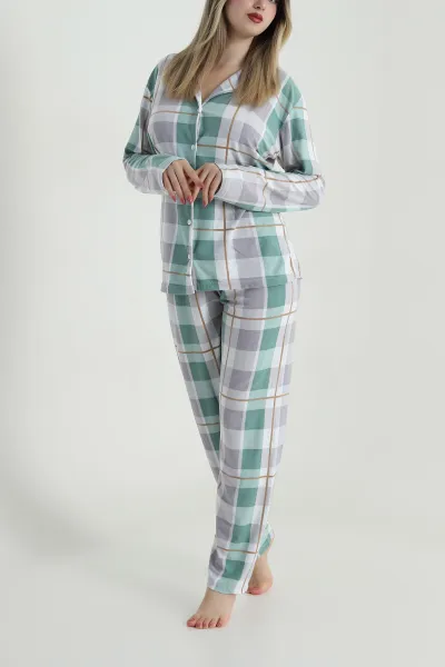 Yeşil Düğmeli Süet Kadın Pijama Takımı 486271