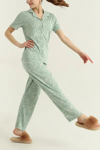 Yeşil Düğmeli Viskon Kadın Pijama Takımı 347355