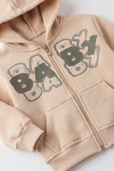 Yeşil Ekru (1-5 Yaş) Baby Baskılı Kapüşonlu Fermuarlı 3 İp Şardonlu Erkek Çocuk Kışlık Takım 487804