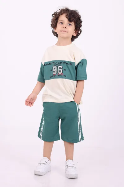 Yeşil Ekru (3-6 Yaş) 96 Baskılı Garnili  Şortlu Penye Erkek Çocuk Yazlık Takım 347447
