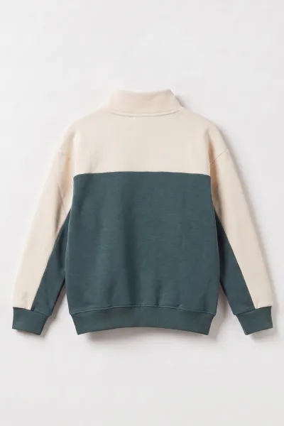 Yeşil Ekru (5-12 Yaş) Sports Baskılı Yarım Fermuarlı 3 İp Şardonlu Erkek Çocuk Sweatshirt 481748