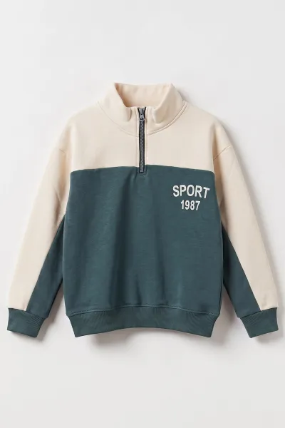 Yeşil Ekru (5-12 Yaş) Sports Baskılı Yarım Fermuarlı 3 İp Şardonlu Erkek Çocuk Sweatshirt 481748