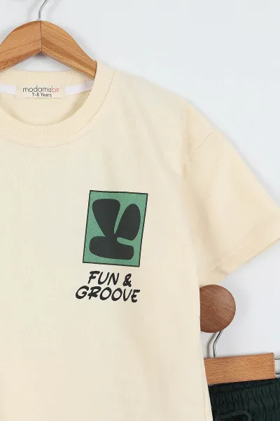 Yeşil Ekru  (7-12 Yaş)Ön Arka Fun Groove Baskılı Cepli Şortlu Erkek Çocuk Yazlık Takım 353403