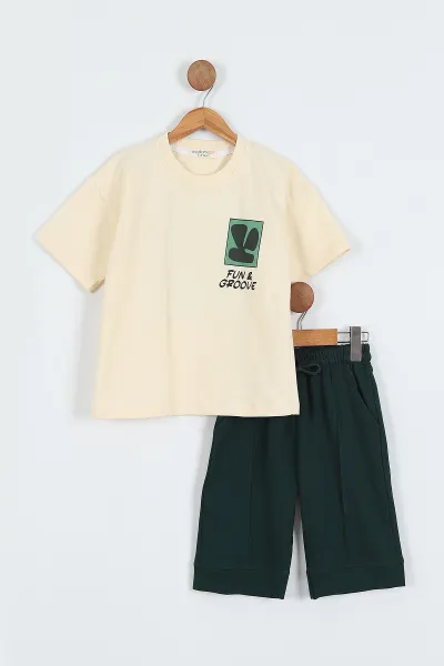 Yeşil Ekru  (7-12 Yaş)Ön Arka Fun Groove Baskılı Cepli Şortlu Erkek Çocuk Yazlık Takım 353403