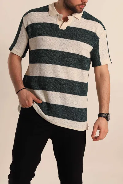 Yeşil Ekru Geniş Çizgili Oversize Polo Yaka Erkek Tişört 269202