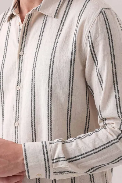 Yeşil Ekru Jakar Çizgili Uzun Kol Erkek  Gömlek 471817