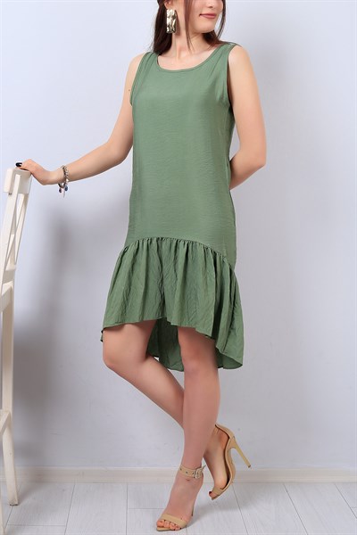 Yeşil Eteği Fırfırlı Kolsuz Bayan Elbise 14020B