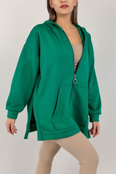 Yeşil Fermuarlı Üç İp Şardonlu Sweat 143391