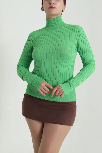 Yeşil Fitilli Likralı Kadın Triko Kazak 483792