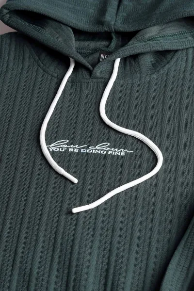 Yeşil Fitilli Yazı Detaylı Kapüşonlu Erkek Sweatshirt 396198