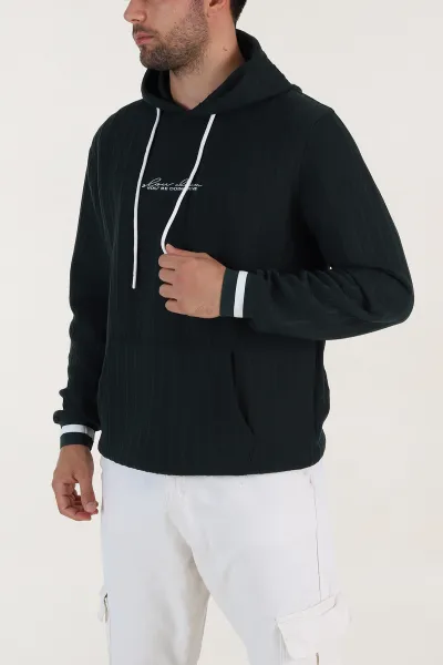 Yeşil Fitilli Yazı Detaylı Kapüşonlu Erkek Sweatshirt 396198