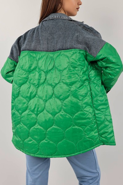 Yeşil Garnili Tasarım Bayan Kot Ceket Mont 133550