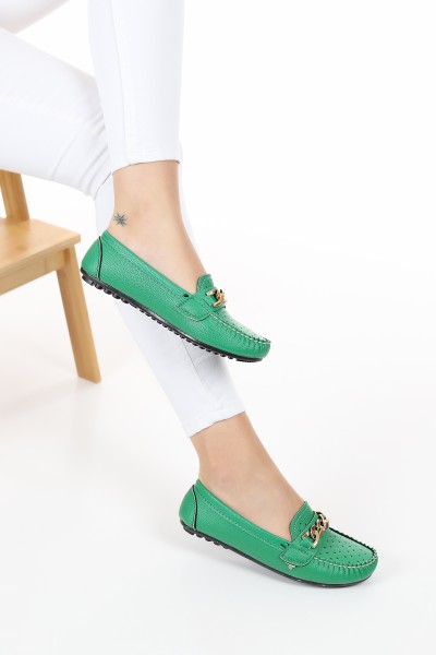 Yeşil Gold Tokalı Kadın Babet Ayakkabı 120668