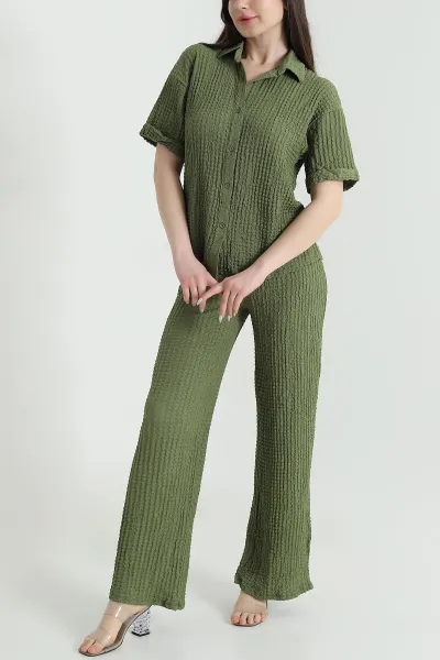 yesil-gomlek-pantolon-gofre-kadin-ikili-takim-449508
