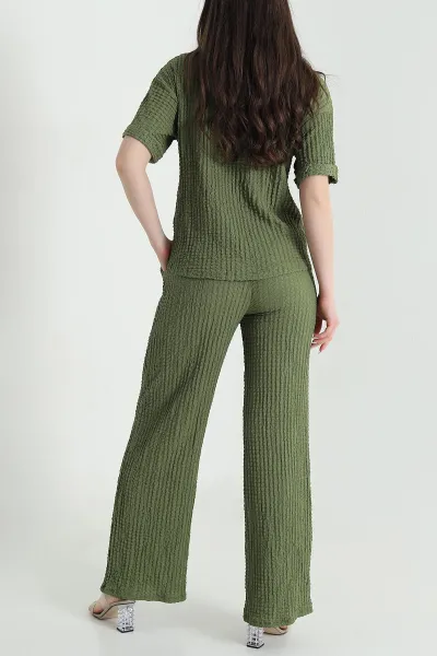Yeşil Gömlek Pantolon Gofre Kadın İkili Takım 449508