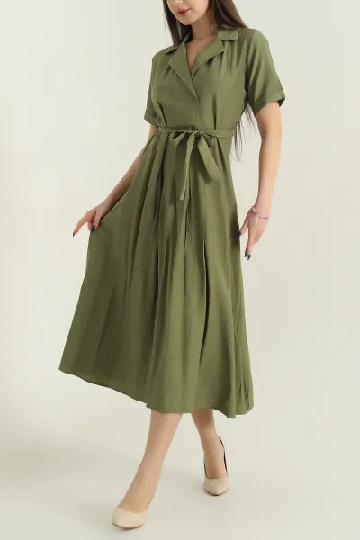 yesil-gomlek-yaka-dokuma-kemerli-elbise-349380