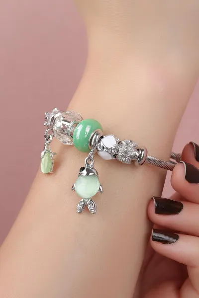 Yeşil Gümüş Taş ve İnci Detaylı Çelik Pandora Bileklik 309939