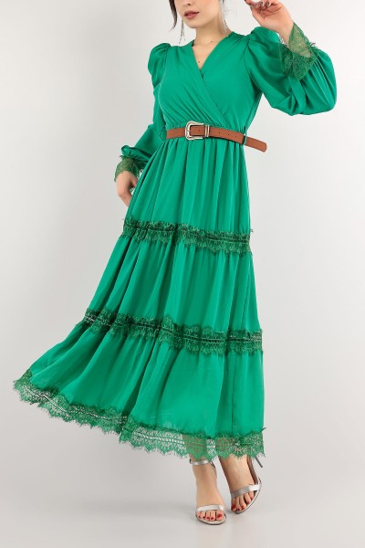Yeşil Güpürlü Tasarım Şifon Elbise 115703